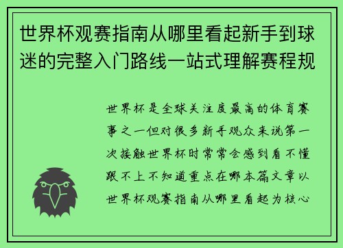 世界杯观赛指南从哪里看起新手到球迷的完整入门路线一站式理解赛程规则看点 世界杯观赛指南从哪里看起新手到球迷的完整入门路线一站式理解赛程规则看点