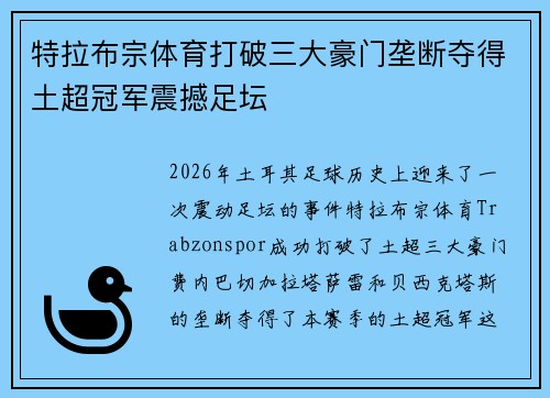 特拉布宗体育打破三大豪门垄断夺得土超冠军震撼足坛